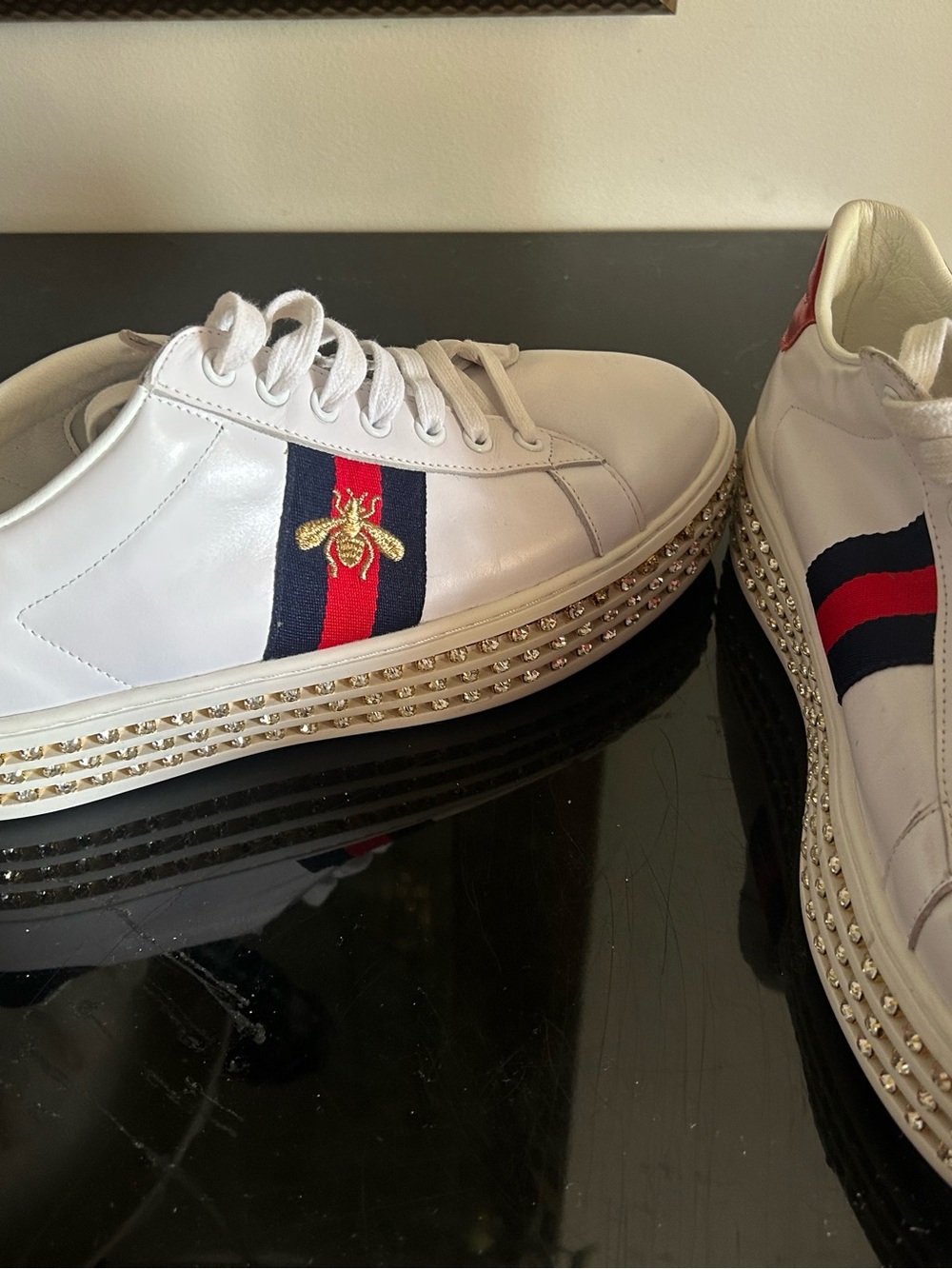 Gucci White Leather Sneakers with Red and Navy Stripe and Gold Bee with crystals